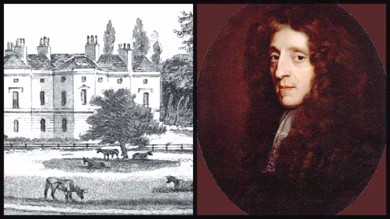 John Locke – historisches Diptychon: linke Landschaftsszene mit Gebäude und Bäumen, rechte ovales Porträt des englischen Arztes, Politikers und Philosophen