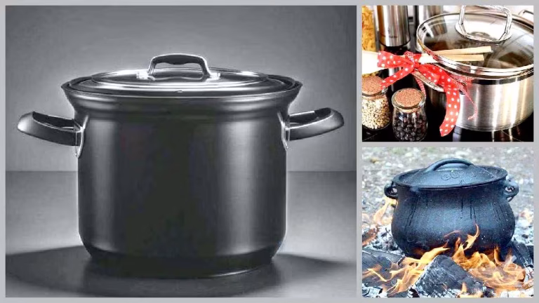 Großer silberner Kochtopf mit Deckel im linken Bildbereich, daneben Collage mit Gewürzbehältern und einem weiteren dunklen Topf über Feuer – Küchengeräte