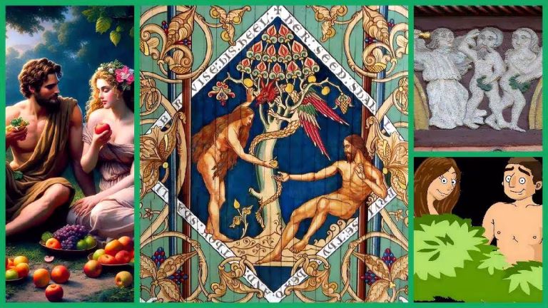 Darstellung von Adam und Eva bei der Vertreibung aus dem Paradies mit einem Baum und Engel.